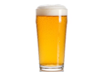 A pint glass filled with light beer and a thick layer of white foam against a white background scene