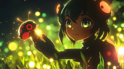 Tikki glowing with magic power beside Ladybug in anime style