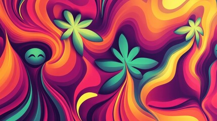 Abstract swirling vibrant colors with stylized floral elements and smiling faces.