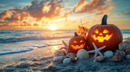 Two carved Halloween pumpkins glowing at sunset on a beach surrounded by seashells and starfish.