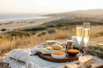Luxurious picnic setup with champagne and caviar overlooking a serene coastal sunset in a beautiful...