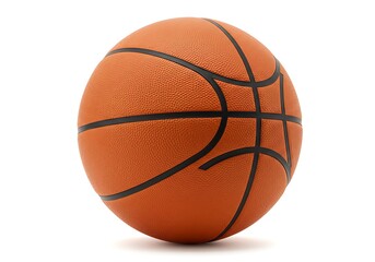 A single orange basketball with black lines sitting on a white surface in a studio setting view