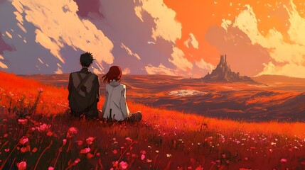 Alya and Nino watching a battle from a safe distance in anime style