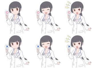 マルやバツの記号が書かれたプラカードを持つ黒髪の女性医師・3種類の表情と2種類の記号セット