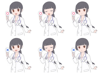 マルバツ棒を持つ黒髪の女性医師。3種類の表情と2種類の記号セット