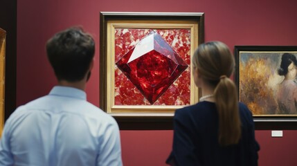 Couple admiring an abstract ruby artwork with geometric shapes at an art exhibition
