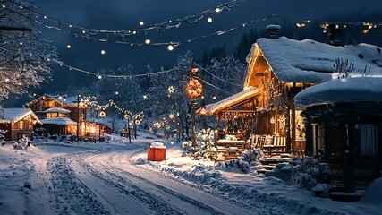 Serene Winter Village: Cozy Cabins Illuminated by Festive Lights in a Snowy Landscape