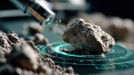 A rock is being analyzed with a laser and digital interface, highlighting scientific technology in geological research.