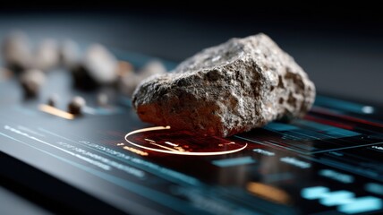 A rough stone rests on a futuristic digital interface displaying scientific data and graphics.