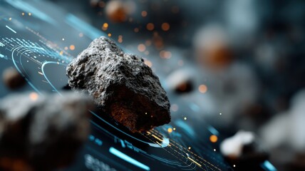 A close-up of an asteroid or rock floating above a digital, futuristic interface with glowing data and blue highlights.