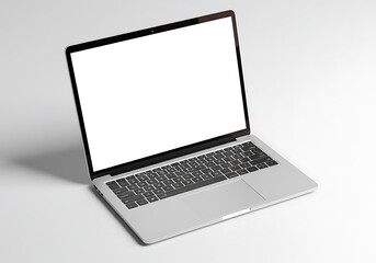 Laptop with a blank white screen on a white surface showcasing keyboard and trackpad in a clean setting