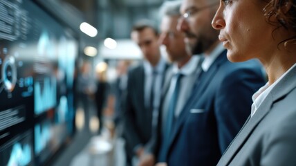Business professionals analyzing data visualizations on a digital screen in a modern office setting.