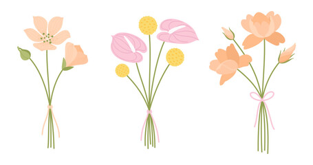Obraz premium Wildflower bouquets set. Gentle floral bouquets, vector illustration. Flowers tied with ribbons. Meadow herbs and wild plants for design projects