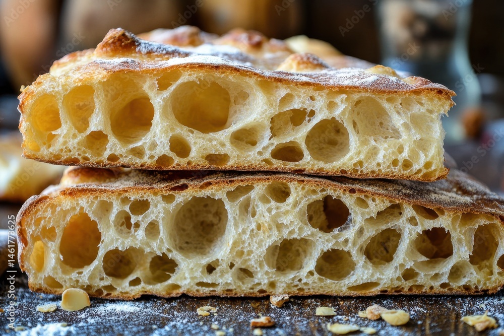 Poster close-up of sliced focaccia bread stacked on top of each other showing the texture and air pockets i