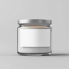 Clear glass jar with a blank label,  ideal for candle or cosmetic product.  Features a metallic silver lid
