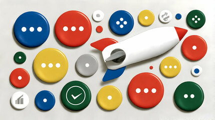 a rocket made of social media buttons over chaotic terrain