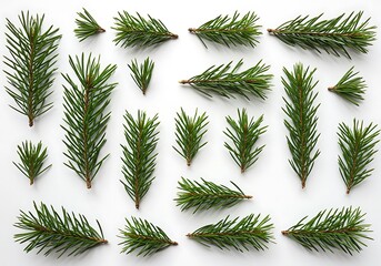 A flat lay of several green pine branches and sprigs arranged on a plain white surface neatly spaced apart
