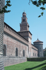 Historic Sforza Castle Tower in Milan, Italy on a Clear Day