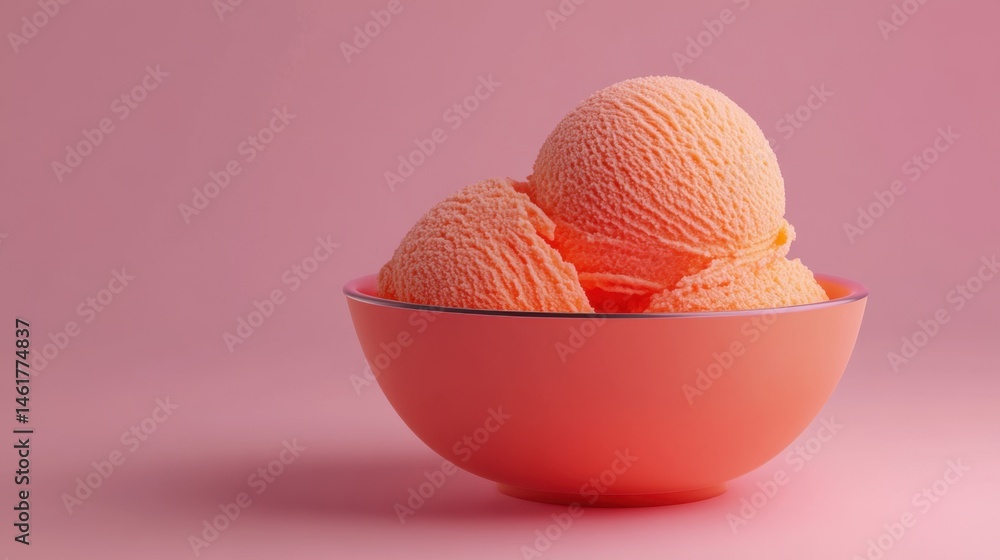 Aufkleber three scoops of peach ice cream in a bowl on pink background studio shot close up sweet dessert trea