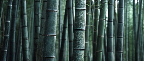 Close-up of towering bamboo stalks creating a textured, rhythmic pattern, emphasized by soft ambient light filtering through the dense greenery.