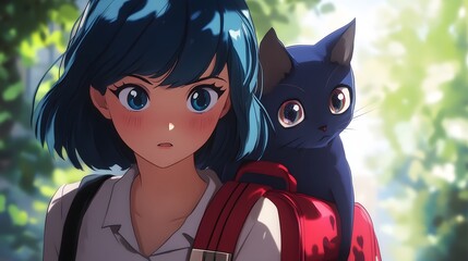Tikki and Plagg hiding behind Marinette is school bag in anime style