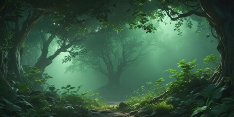 Fototapeta premium Deep emerald green canopy, indistinct shapes, ethereal feel , vegetation, forest