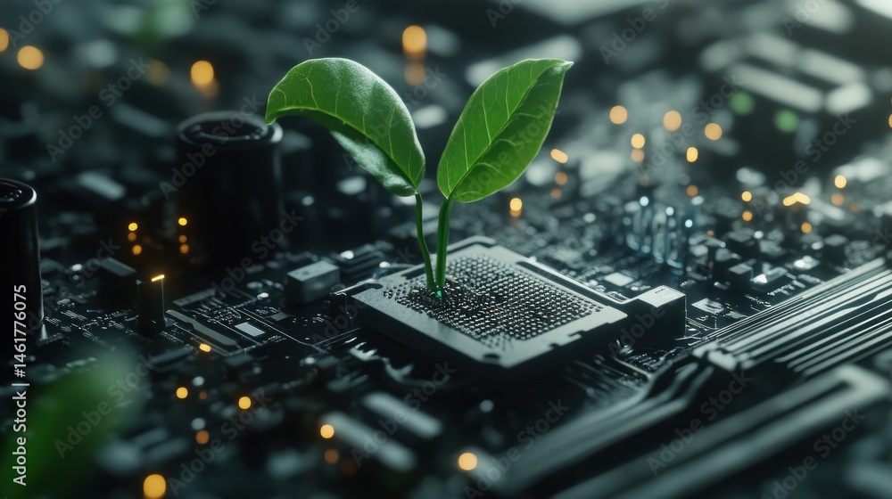 Poster green sprout growing from a computer chip on a circuit board.