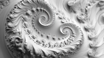 Abstract grayscale fractal art with swirling spirals and organic textures.
