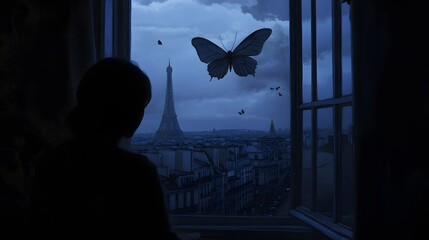 Shadow Moth watching Paris from a dark window in anime style