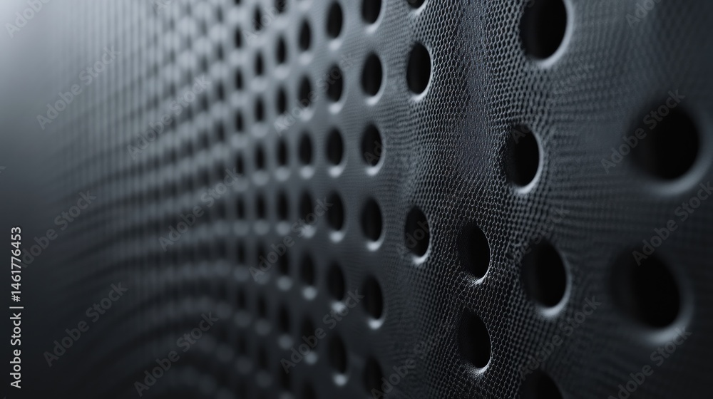 Poster abstract dark metallic surface with perforated holes, creating a textured background.