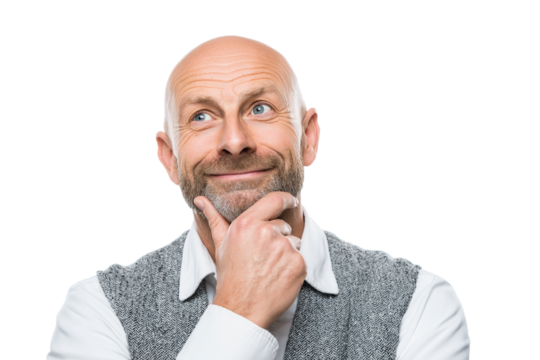 thoughtful bald man with warm smile touches his chin while looking up isolated on white background