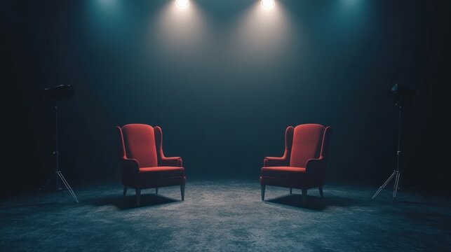 Two red armchairs face each other in a dark room, illuminated by spotlights.
