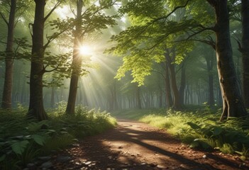Fototapeta premium Tranquil forest with sunlight dappling through leaves, forest, botanical
