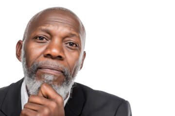  thoughtful senior man with beard looking directly at the camera isolated on white background