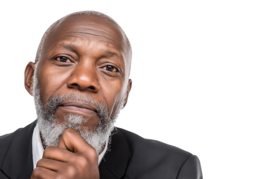  thoughtful senior man with beard looking directly at the camera isolated on white background