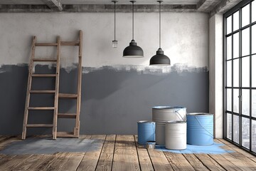 Room under renovation, half-painted walls, paint cans, wooden ladder