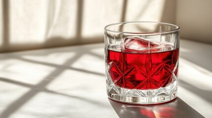 A ruby-red drink in a crystal glass with ice