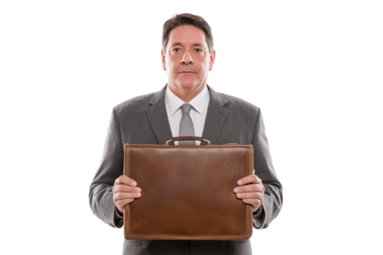 professional businessman holding brown briefcase isolated on white background