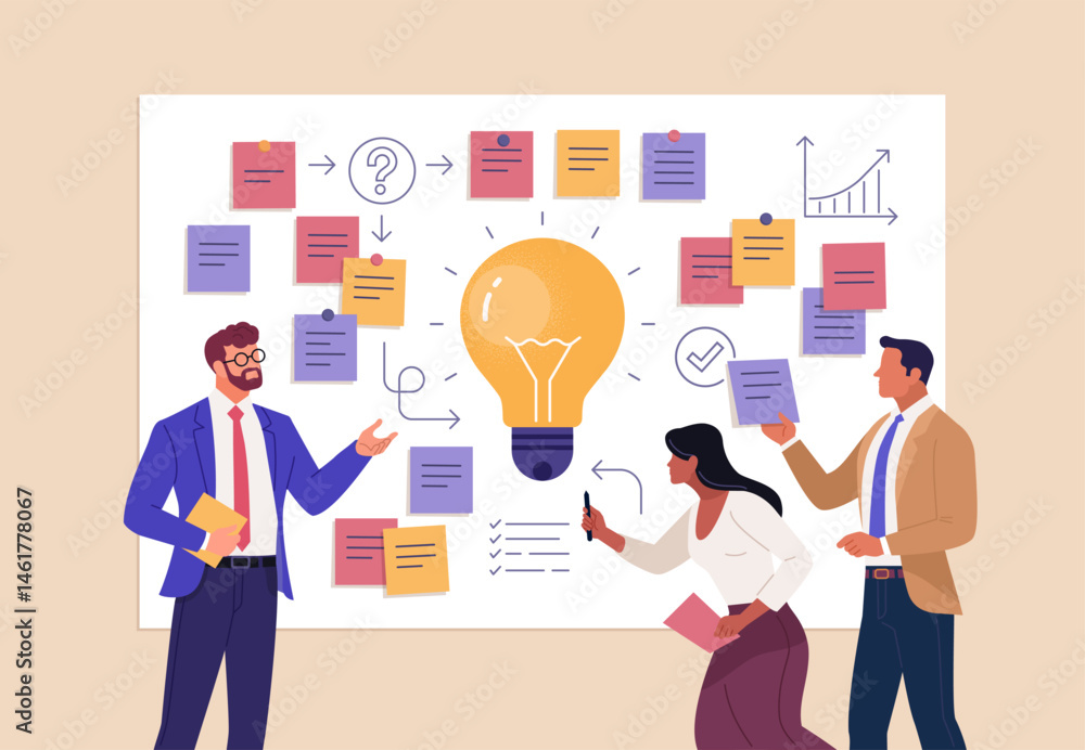 Poster Business Workshop Concept. Vector cartoon illustration of a close-up group of diverse people standing near a board with sticky notes and discussing an idea. Isolated on background.