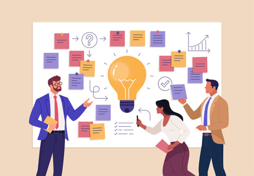 Business Workshop Concept. Vector cartoon illustration of a close-up group of diverse people standing near a board with sticky notes and discussing an idea. Isolated on background.