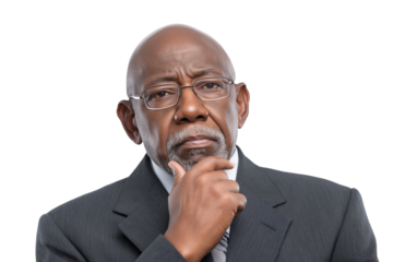 serious-looking elderly man in glasses deep in thought isolated on white background