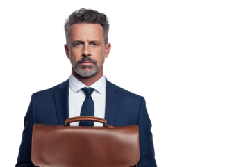 Businessman with serious expression holding briefcase isolated on white background