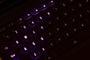 Illuminated RGB Keyboard of High-Performance Gaming Laptop. QWERTY.