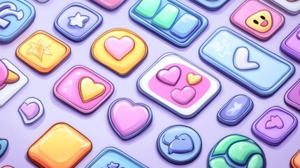 Colorful cartoon icons and buttons on purple background.