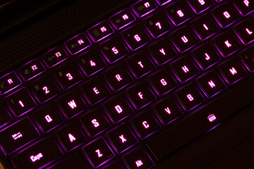 Illuminated RGB Keyboard of High-Performance Gaming Laptop. QWERTY.