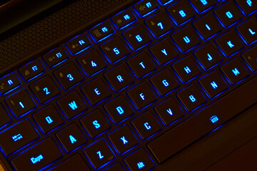Illuminated RGB Keyboard of High-Performance Gaming Laptop. QWERTY.