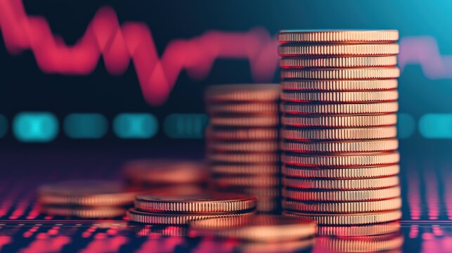 Stacked coins symbolizing wealth accumulation in a futuristic digital economy with financial data