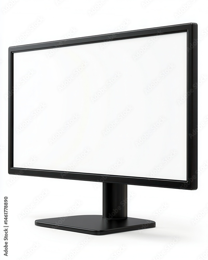 Poster isolated black computer monitor with blank white screen angled view in studio on white background fo