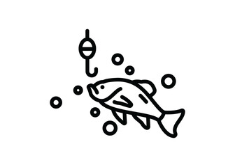 Contour icon of a float with a hook and a fish. A design element.