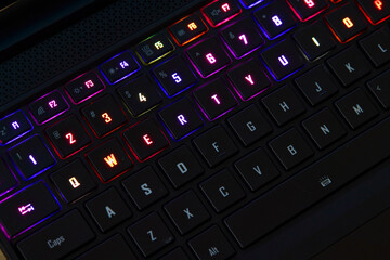 Illuminated RGB Keyboard of High-Performance Gaming Laptop. QWERTY.